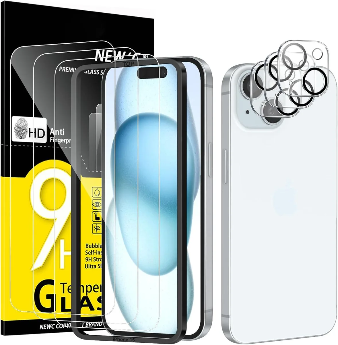 Three clear tempered-glass screen protectors and three matching camera lens protectors for iPhone 15 6.1 inches