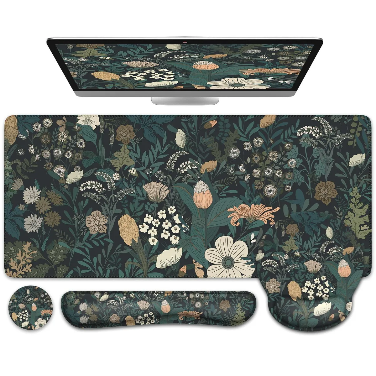 iCasso 4in1 Floral Desk Mat with Wrist Rests Weeds 35.4 x 15.7 in — product photo