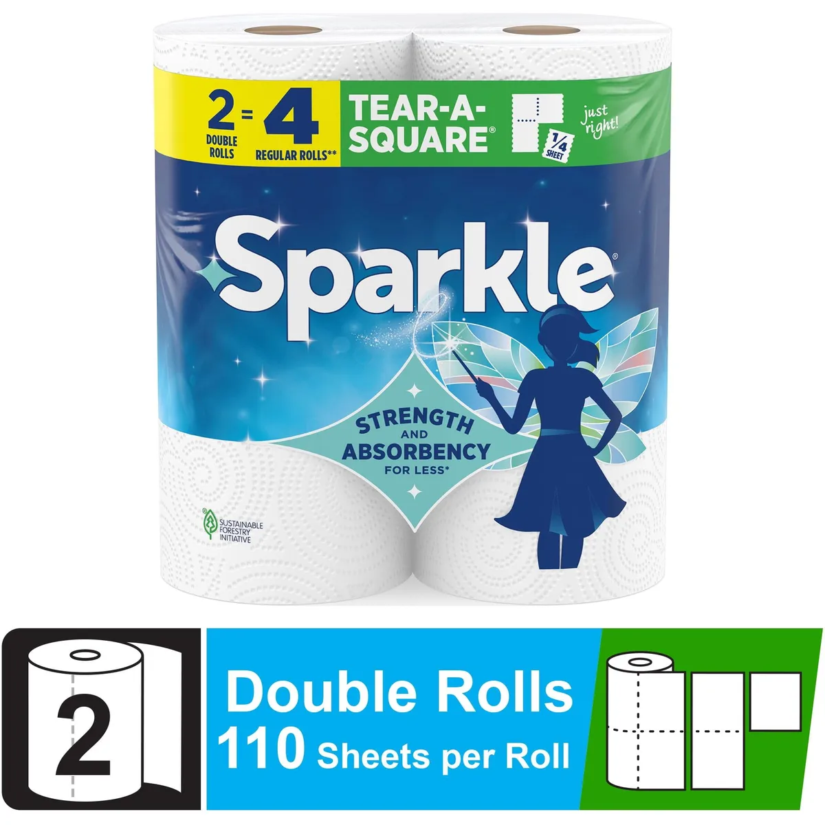 Two white double rolls of perforated paper towels