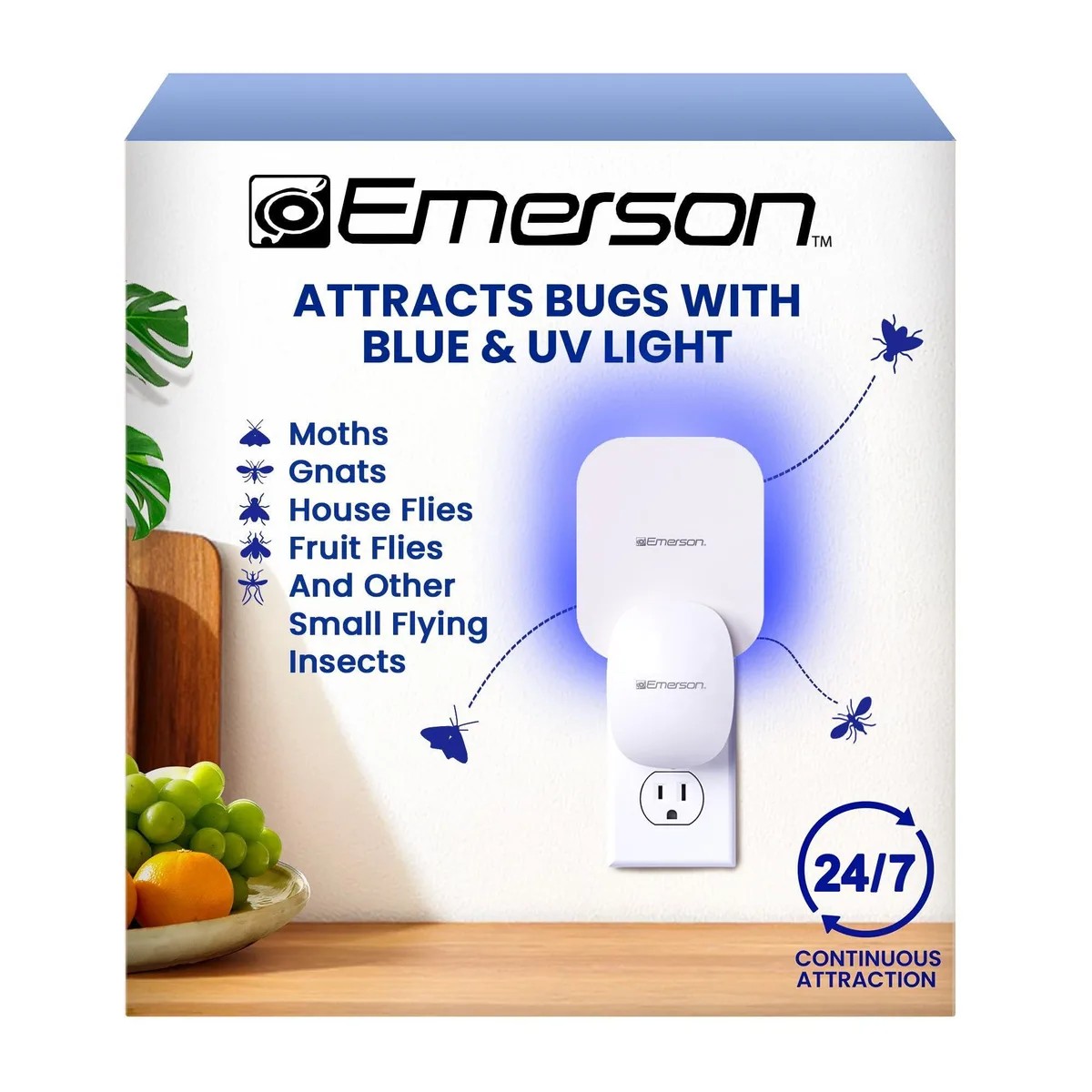 Compact white plug-in unit with rotatable prongs, UV LEDs and a warm décor light strip