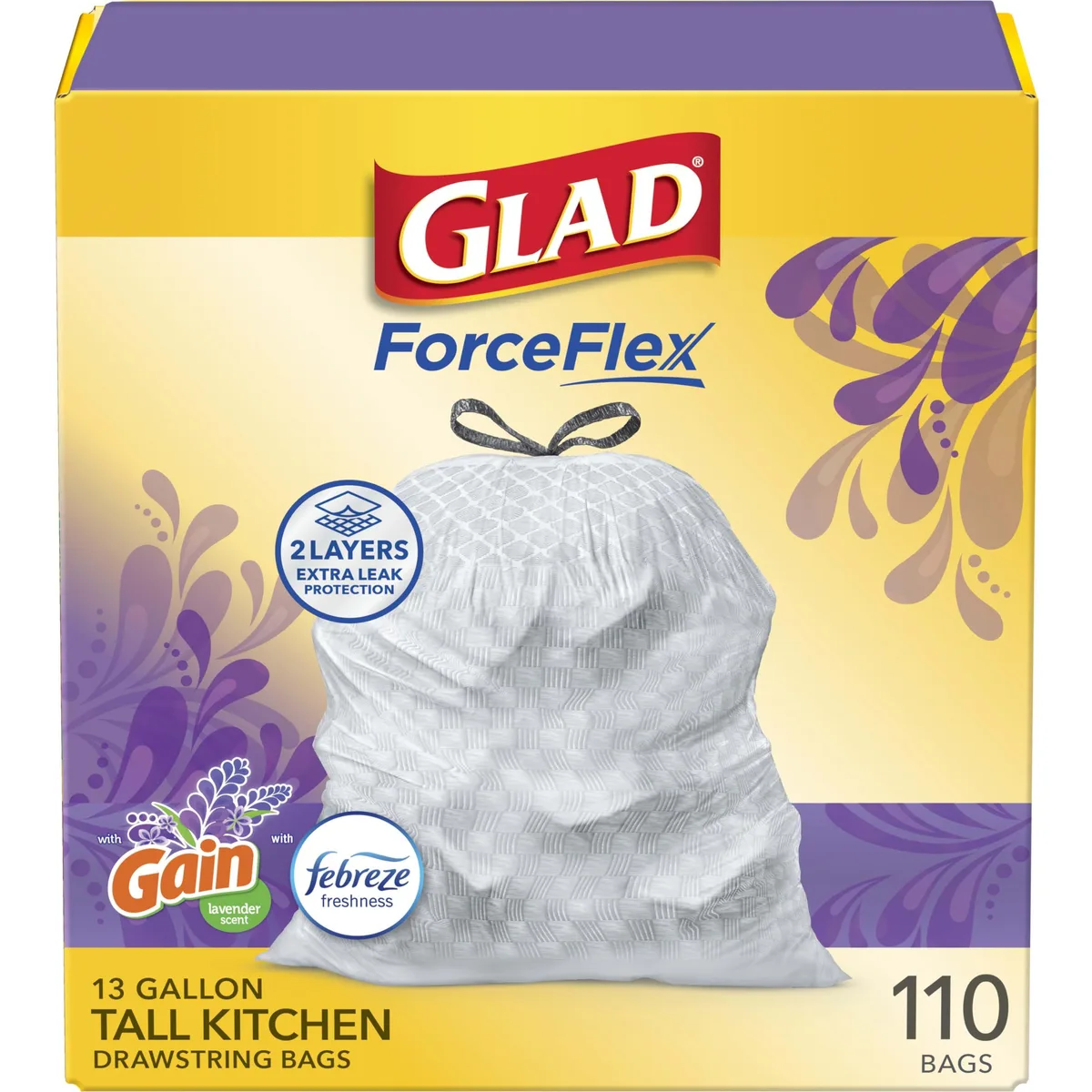 White rectangular box containing 110 lavender-scented 13-gallon drawstring trash bags