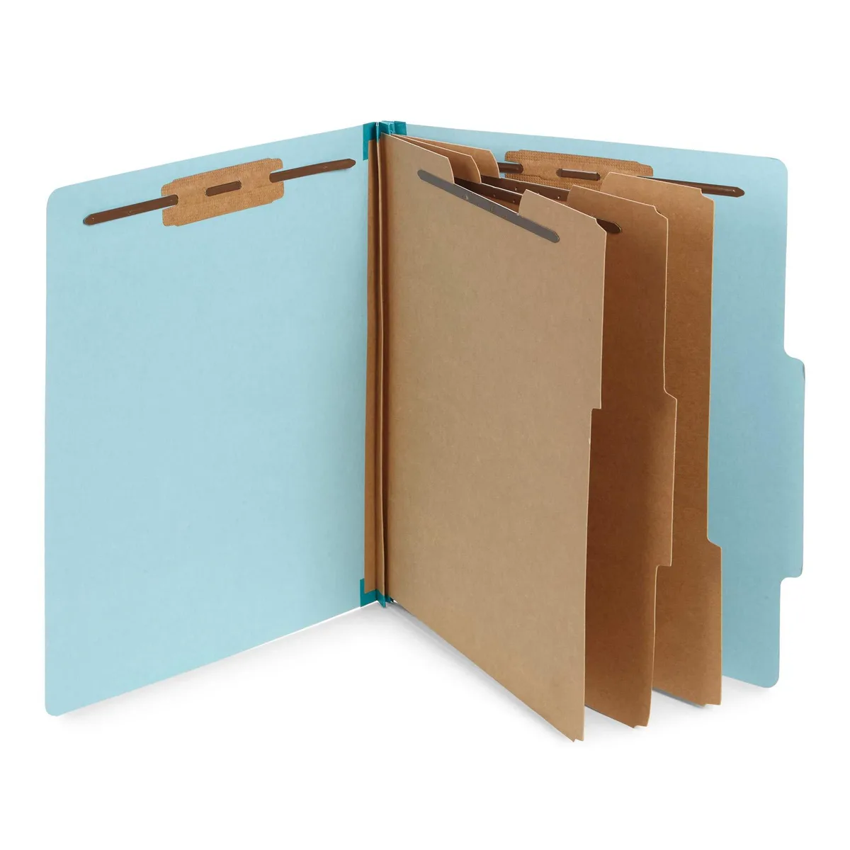 Light blue pressboard classification folder with three dividers and two expansion gussets