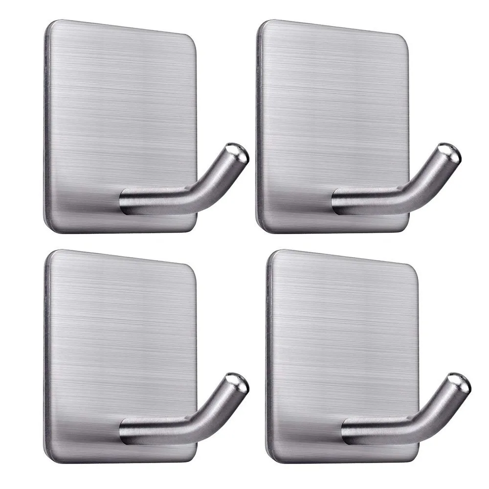 Four brushed stainless steel adhesive hooks with curved handles on white backing cards