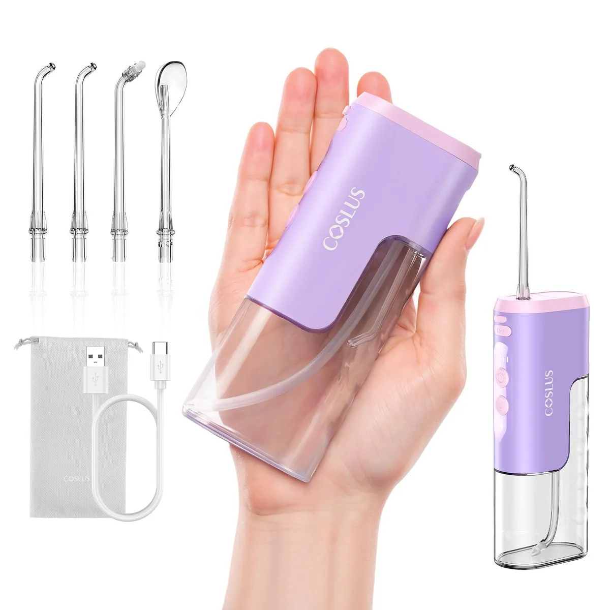 Pink purple cordless water flosser with detachable tank and jet tips