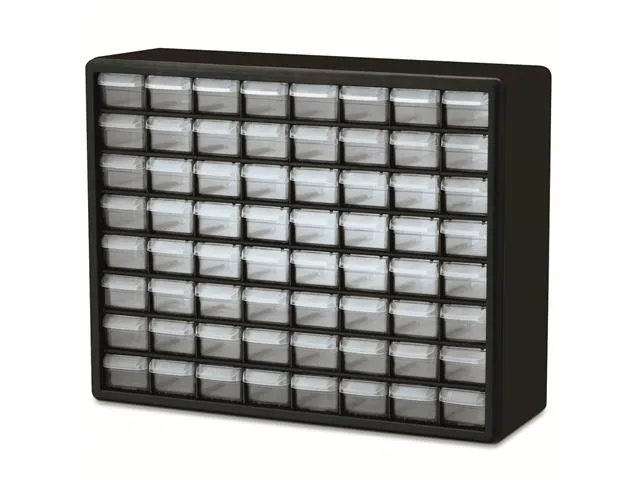 Black plastic cabinet with 64 semi-clear drawers, 20 inches wide