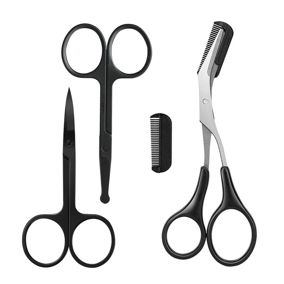 Three black stainless steel eyebrow scissors with comb attachments and rounded tips