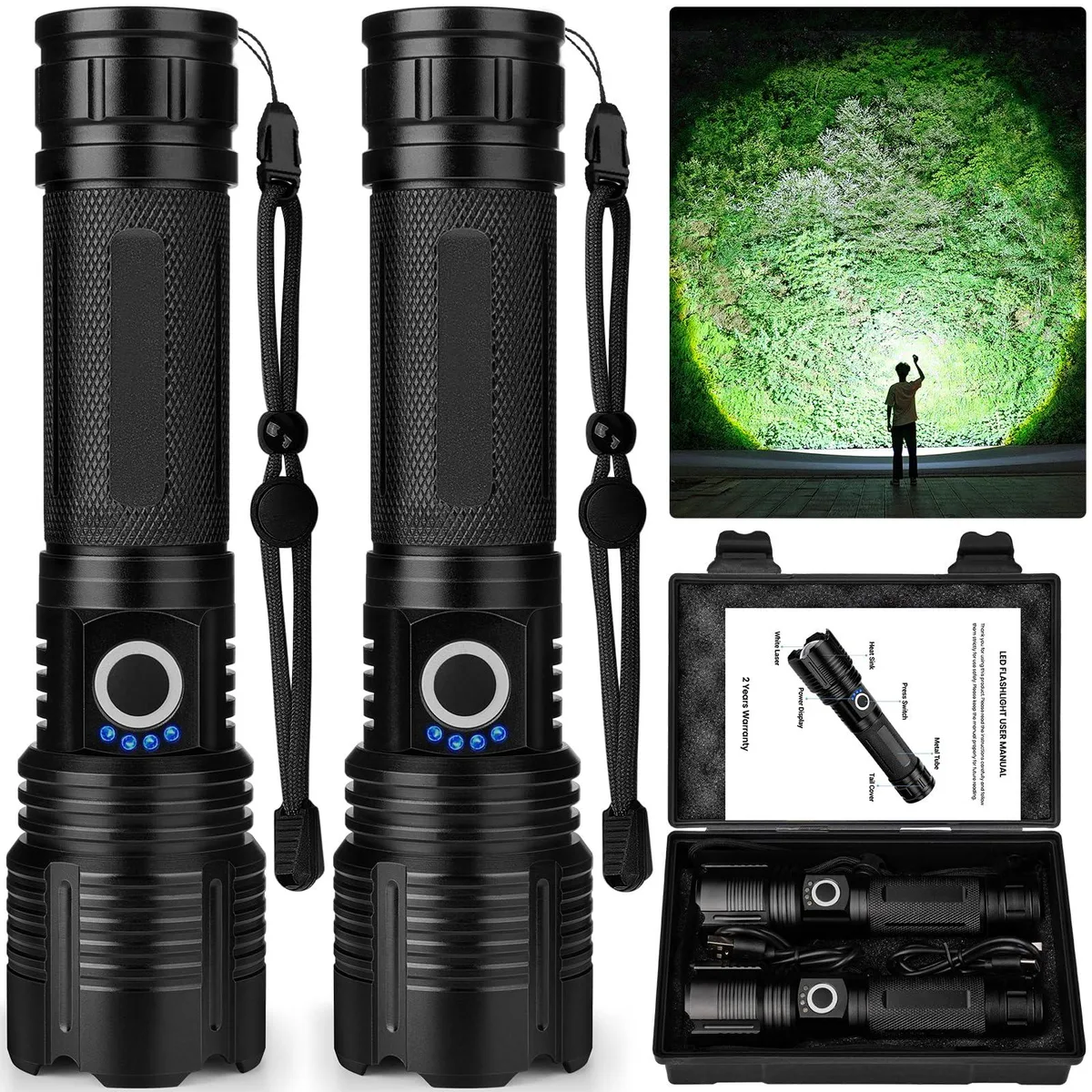 Two silver aluminium flashlights side by side, cylindrical with tapered heads, USB ports visible on bodies
