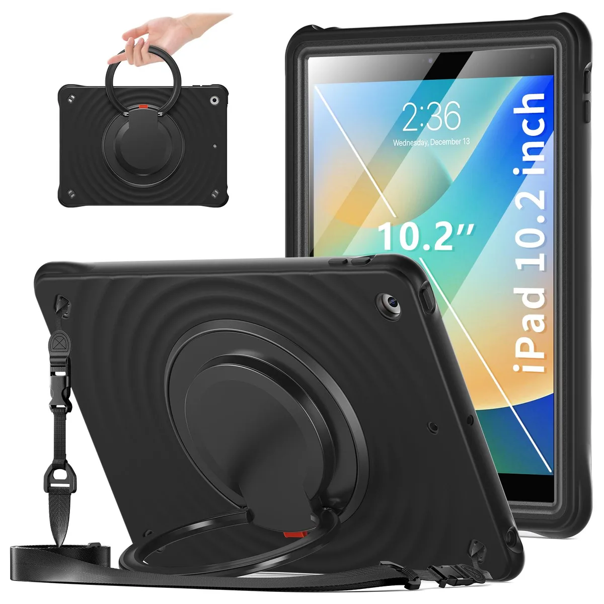 Black liquid silicone iPad 10.2 inch case with built-in screen protector, rotating kickstand, shoulder strap and pencil holder