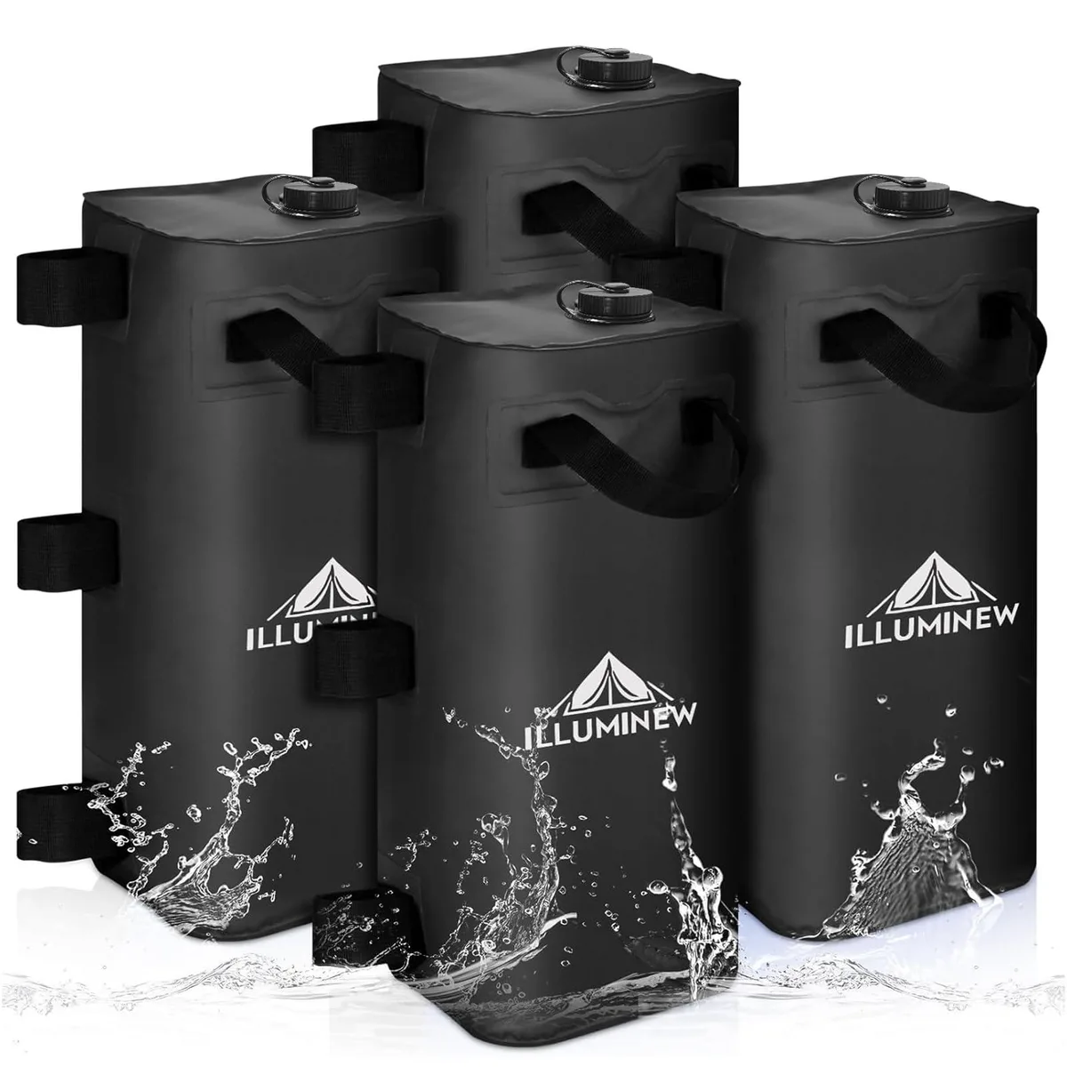 Four black rectangular PVC water weight bags with Velcro straps and carry handles