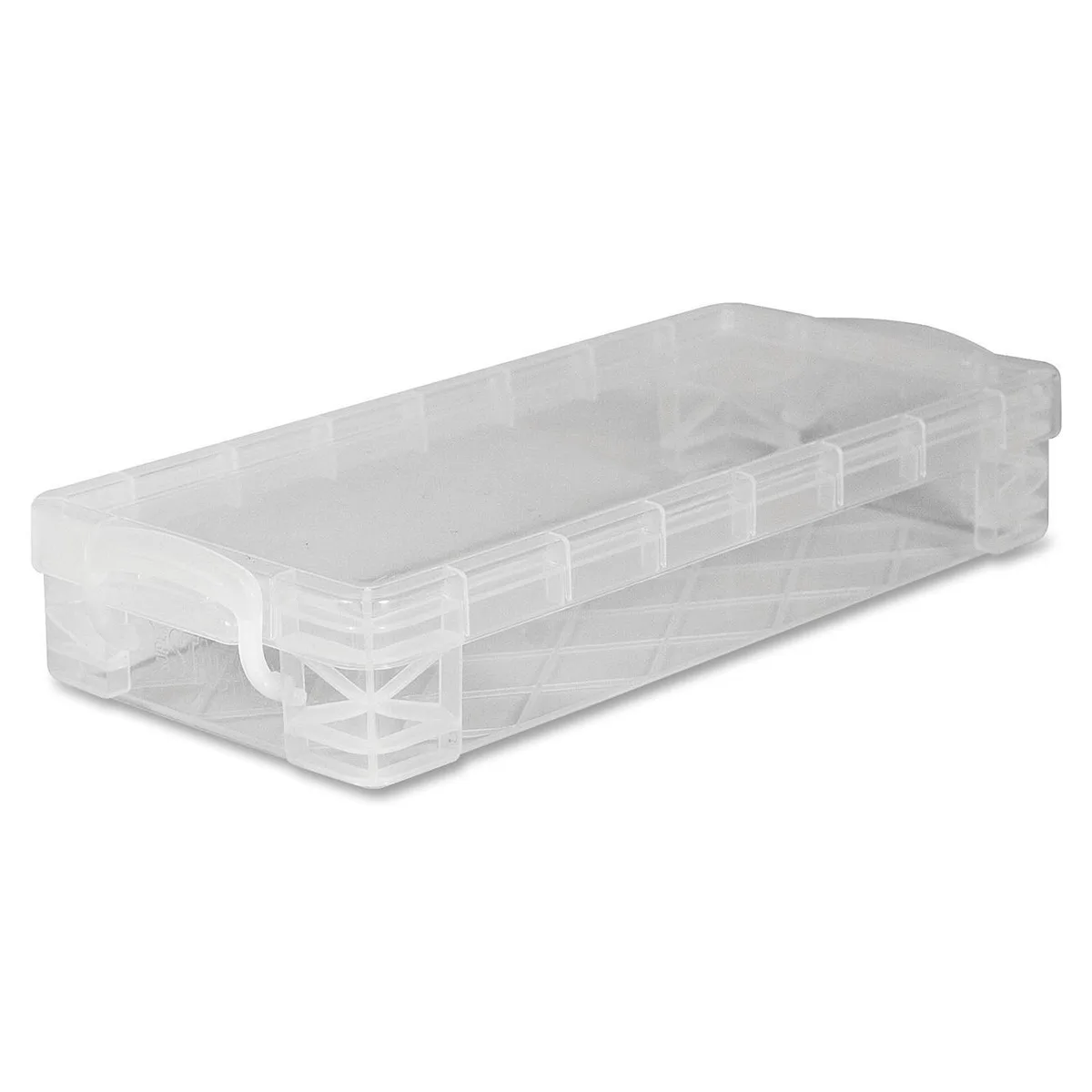 Clear plastic stackable pencil box with snap-tight handles