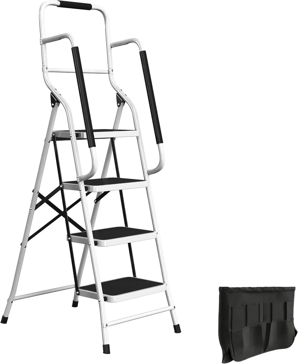 White four-step steel folding ladder with padded side handrails and attachable tool bag, shown open with non-slip rubber feet
