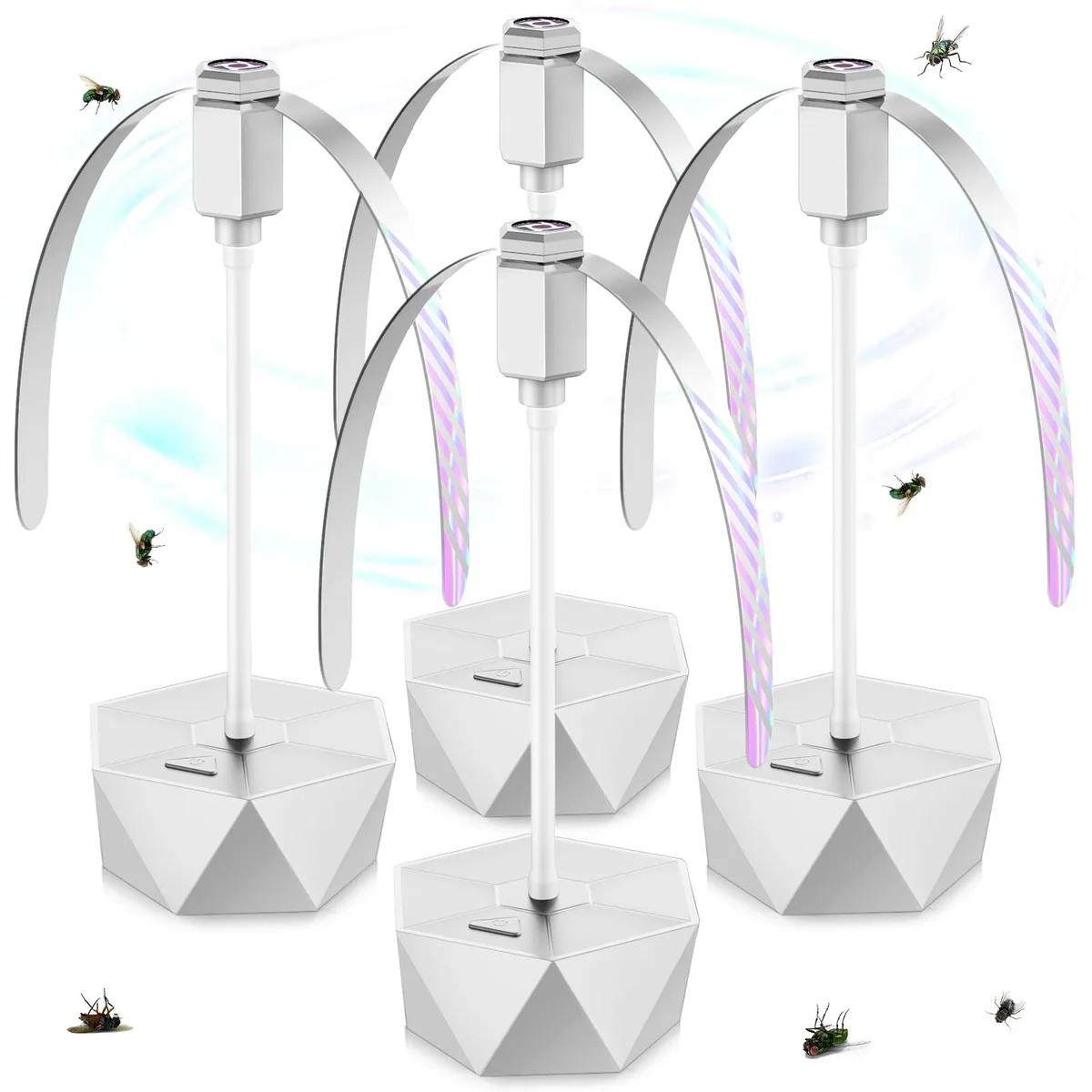 Four silver ABS fly-repellent fans with holographic blades and bottom hooks