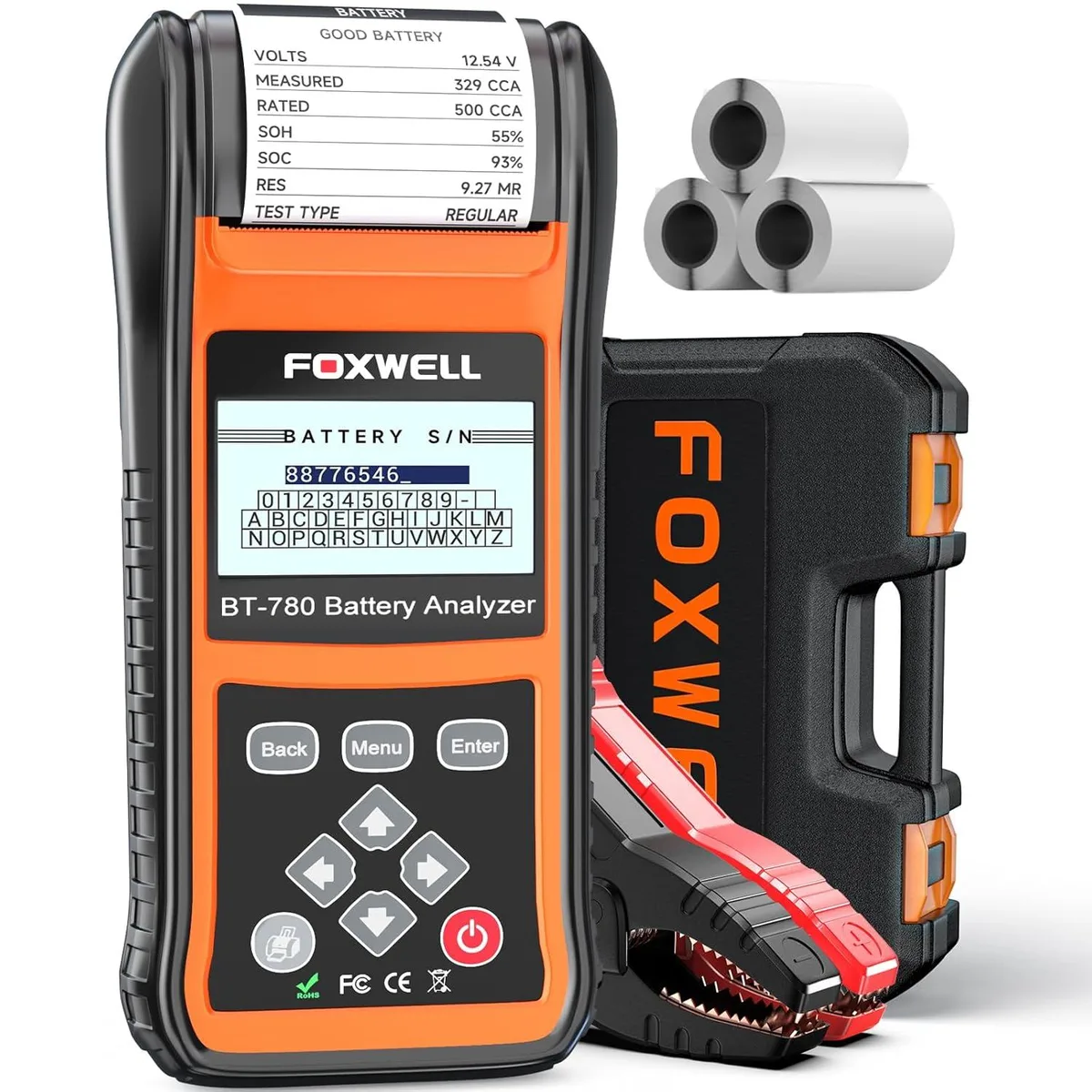 Handheld battery tester with built-in printer, silicone case, LCD screen and alligator clips