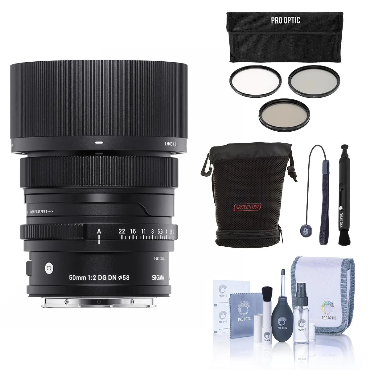 Sigma 50mm f/2.0 DG DN Contemporary L-mount lens in metal barrel with bundled filter kit, pouch and cleaning accessories