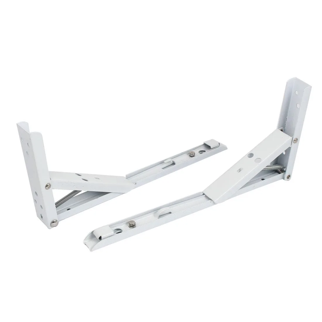 Two white metal folding shelf brackets, 12 by 5 inches, with screws