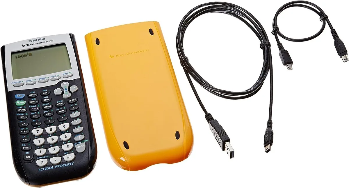 Box of ten yellow-and-black TI-84 Plus calculators with slide cases, cables and batteries