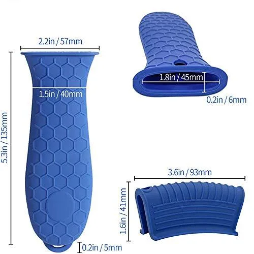 Three blue silicone handle covers, two small grips and one long sleeve, matte finish with honeycomb texture