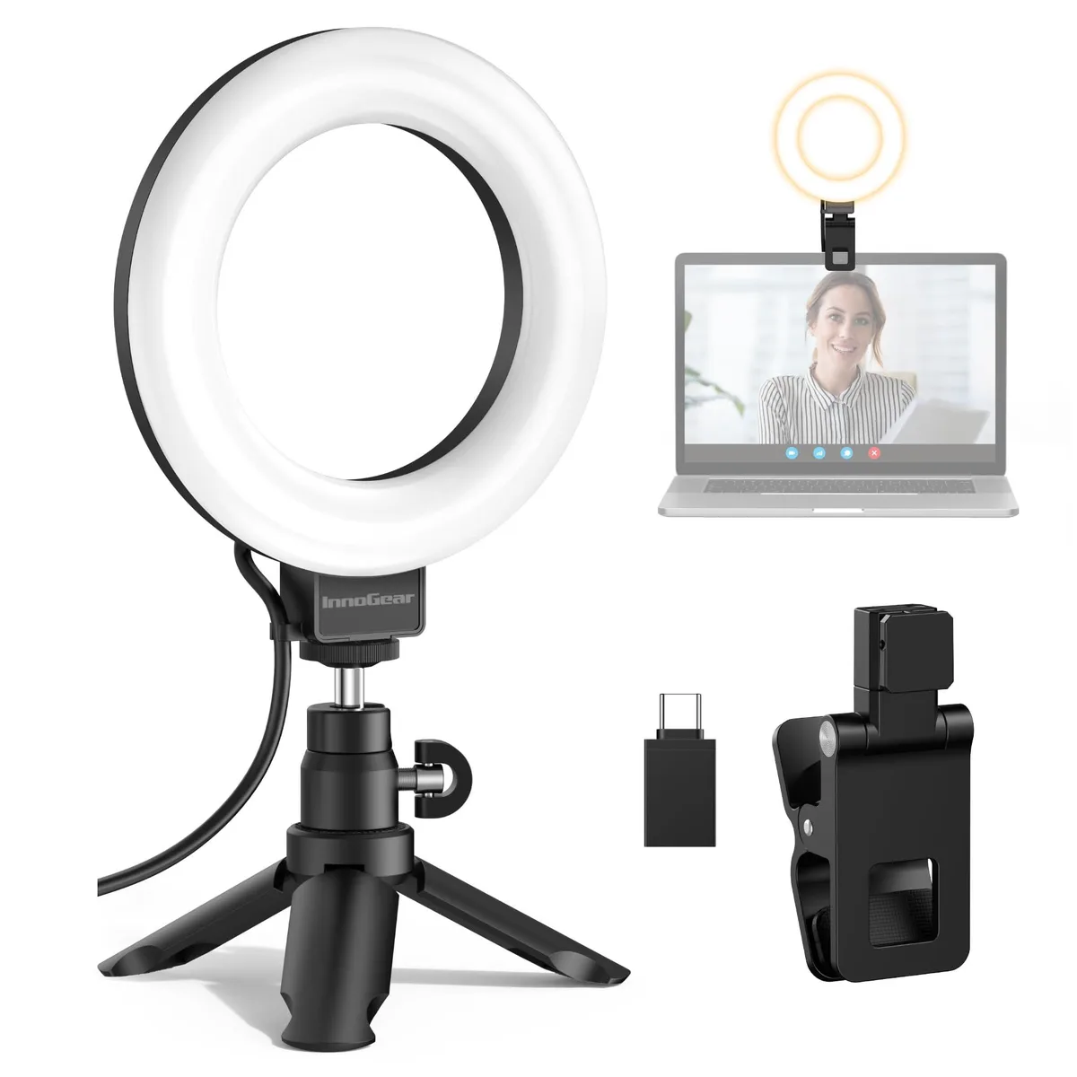 Black circular LED ring light on adjustable tripod stand with laptop clip attachment