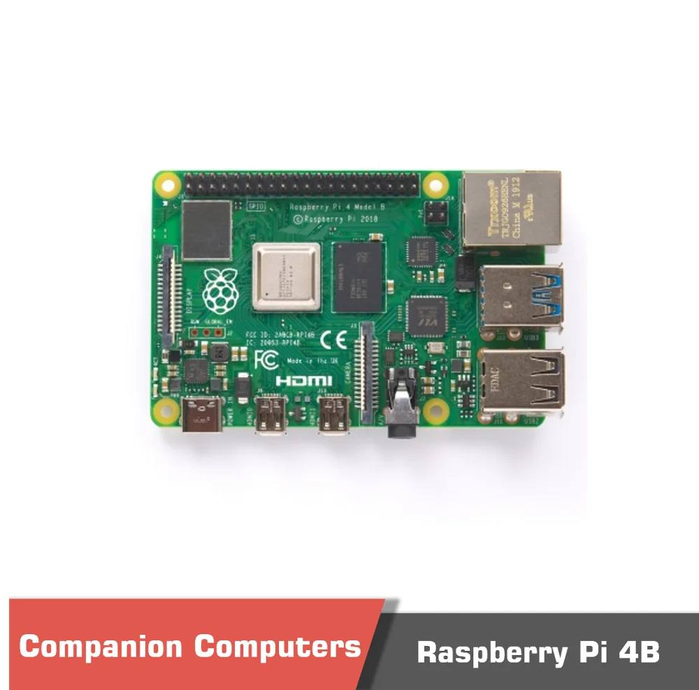 Green printed circuit board with silver USB, HDMI and Ethernet ports, black GPIO header and silver USB-C power connector