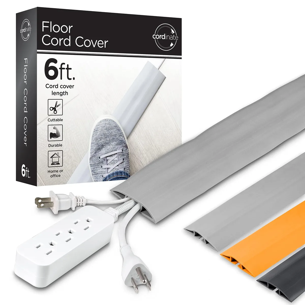 Grey PVC floor cord cover, 72 inches long, low-profile rounded top, self-adhesive backing