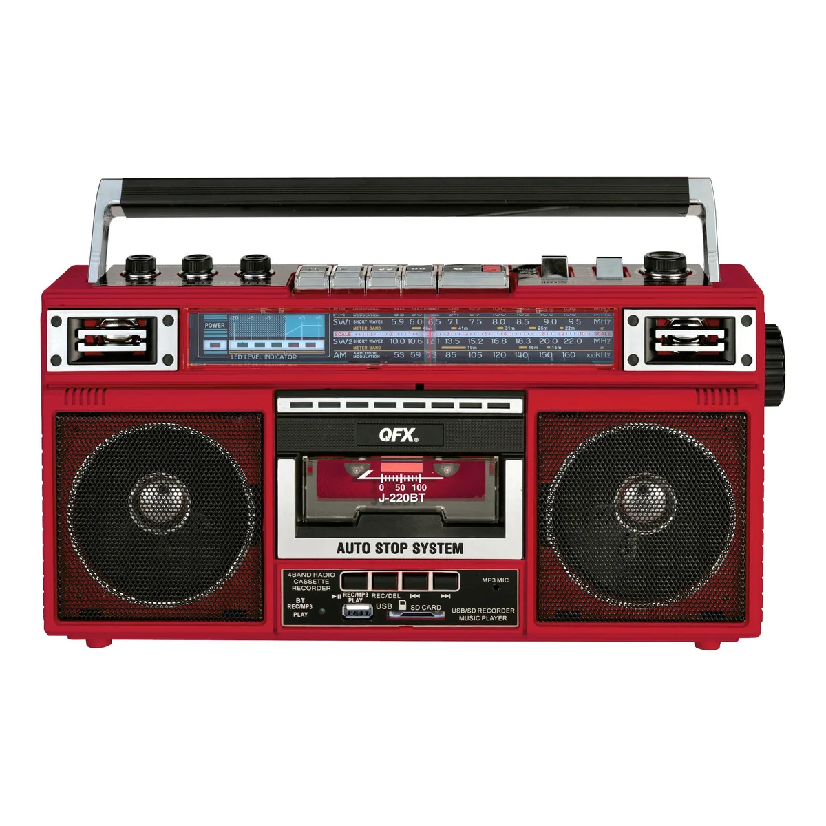 QFX J-220BTRB Red Cassette Player Bluetooth Radio — product photo