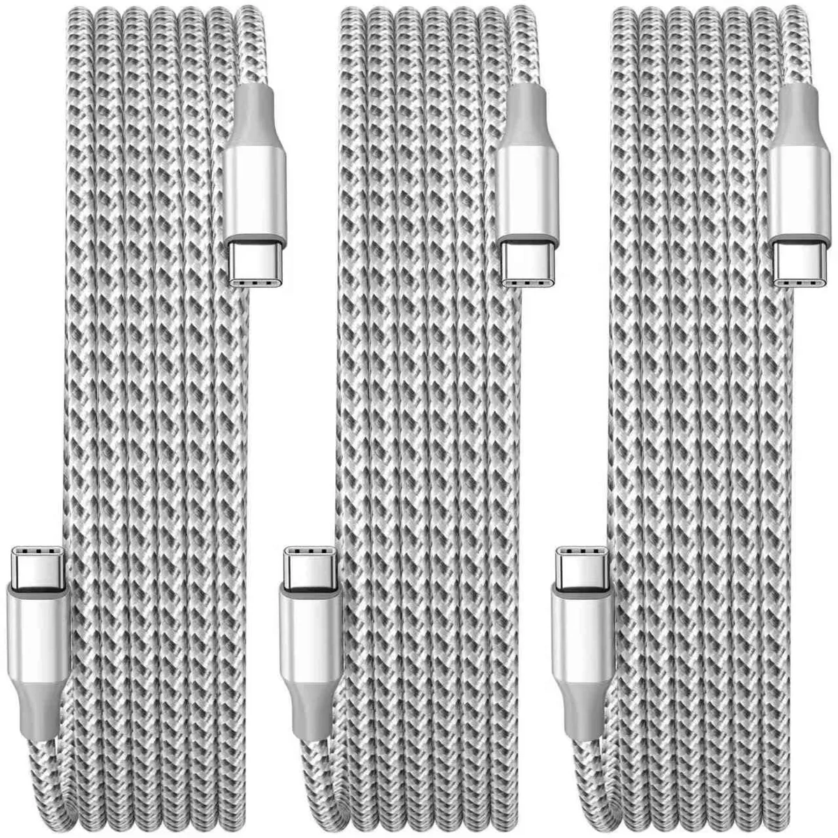 Three white USB-C to USB-C cables, nylon braided, ten feet each
