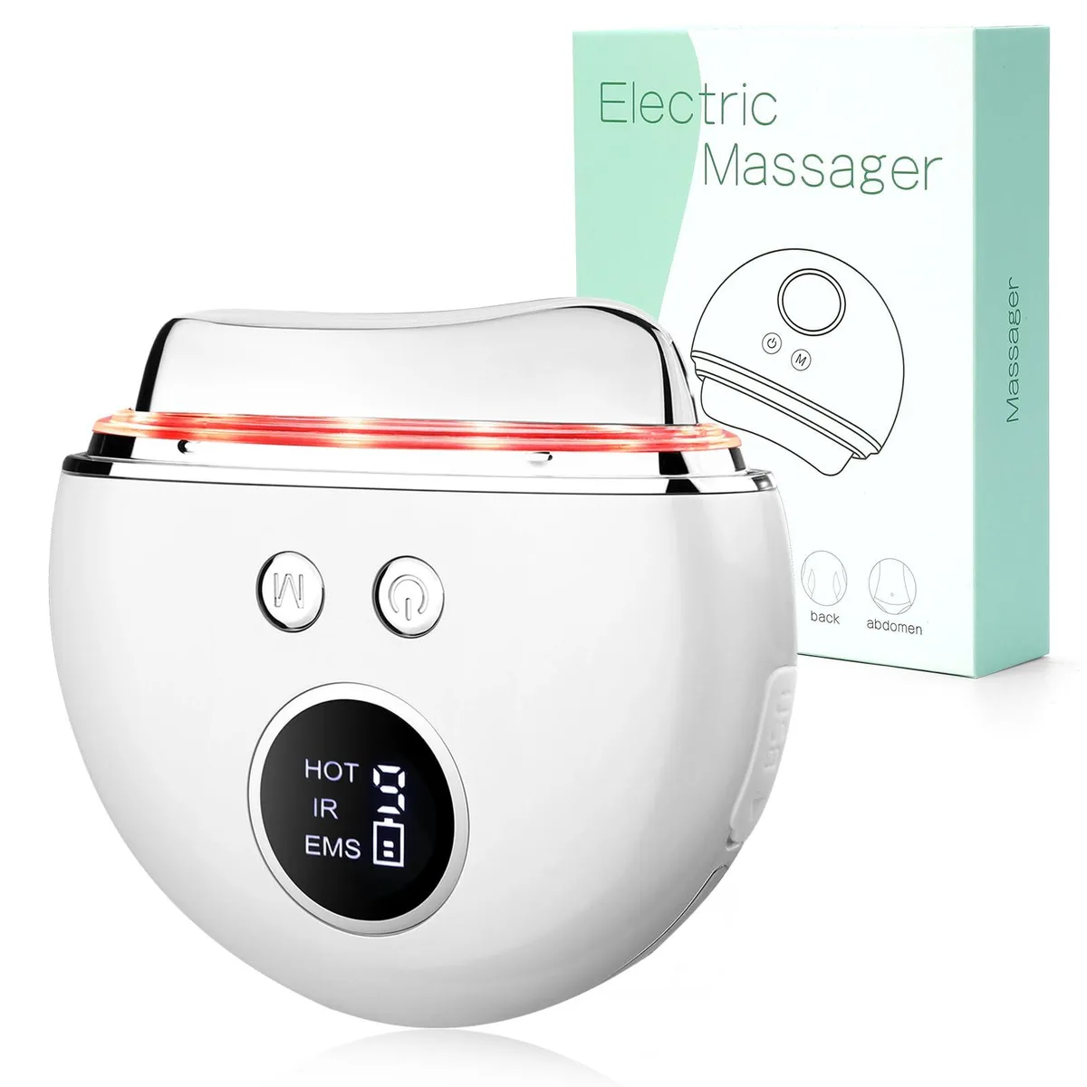 Blue handheld massager with curved scraping edge, smooth plastic finish, compact rechargeable design