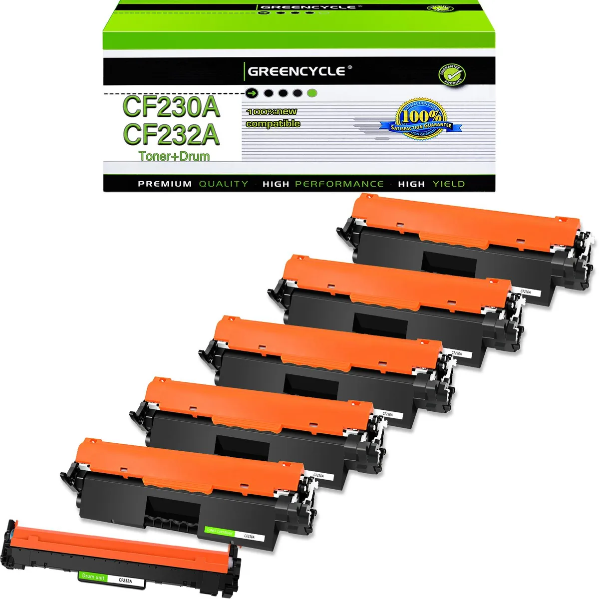 Five black toner cartridges and one drum unit in white boxes