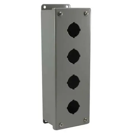 Gray carbon steel push button enclosure with four 30 mm holes, captive cover screws, 10.25x3.25x2.81 in