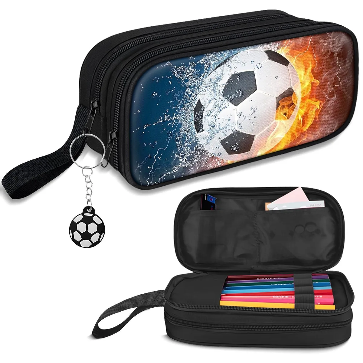 Rectangular plastic pencil case in soccer print with zipper and handle