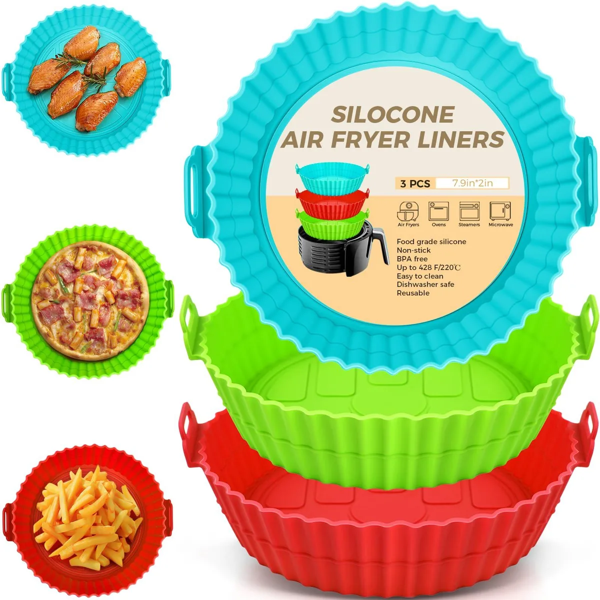 Three round silicone baking liners in blue green and red