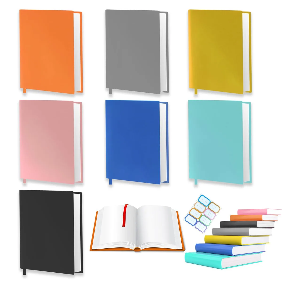 Seven multicolour fabric book covers with elastic edges and ribbon bookmarks