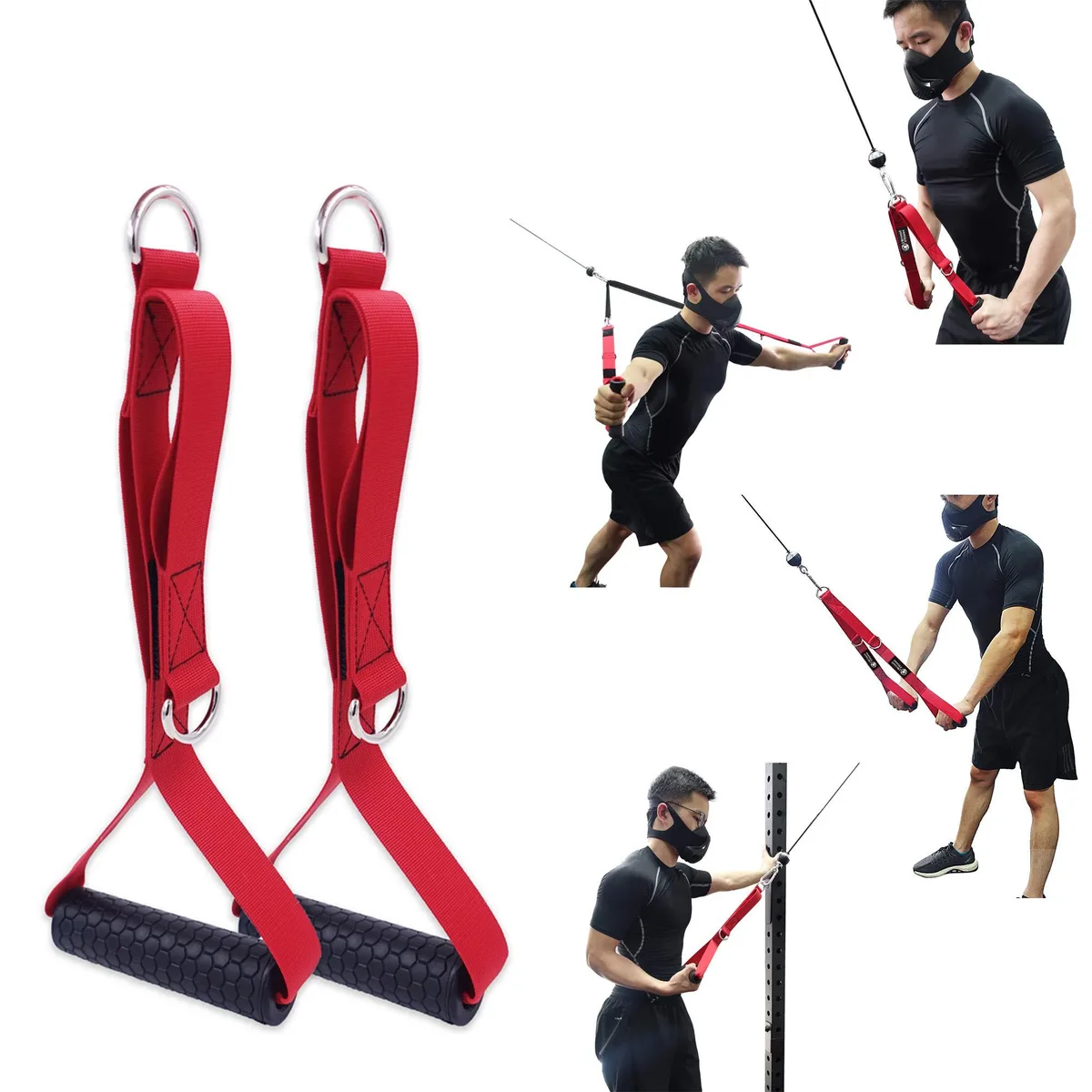 Black 4-in-1 cable attachment set with two triceps ropes, D-ring and resistance band handle