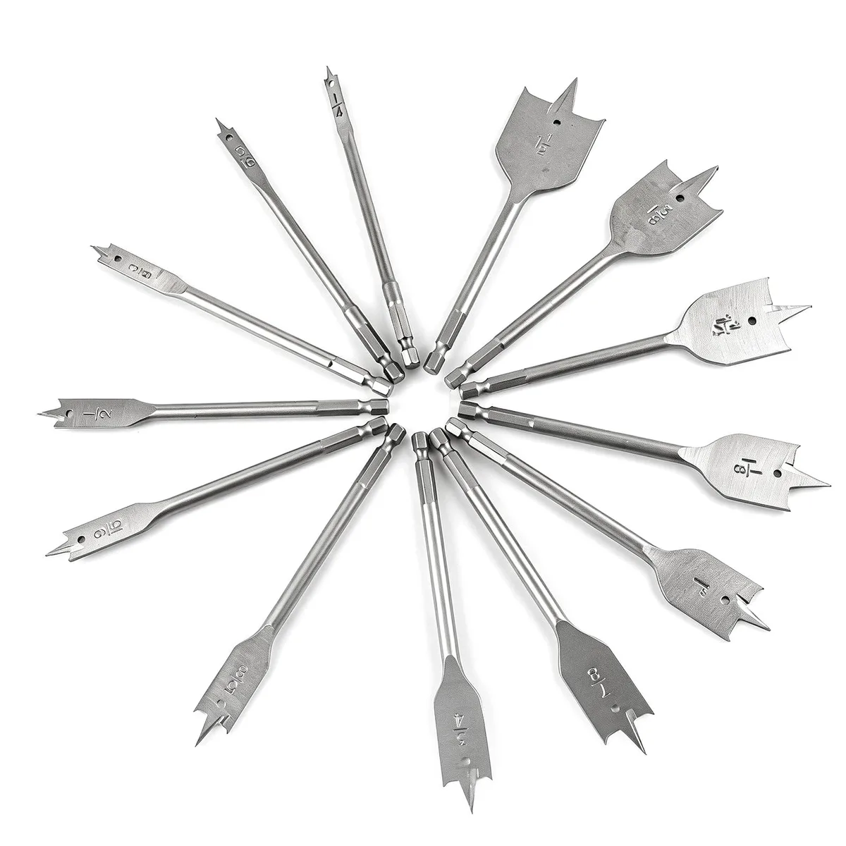 Thirteen silver alloy-steel spade bits in a nylon pouch