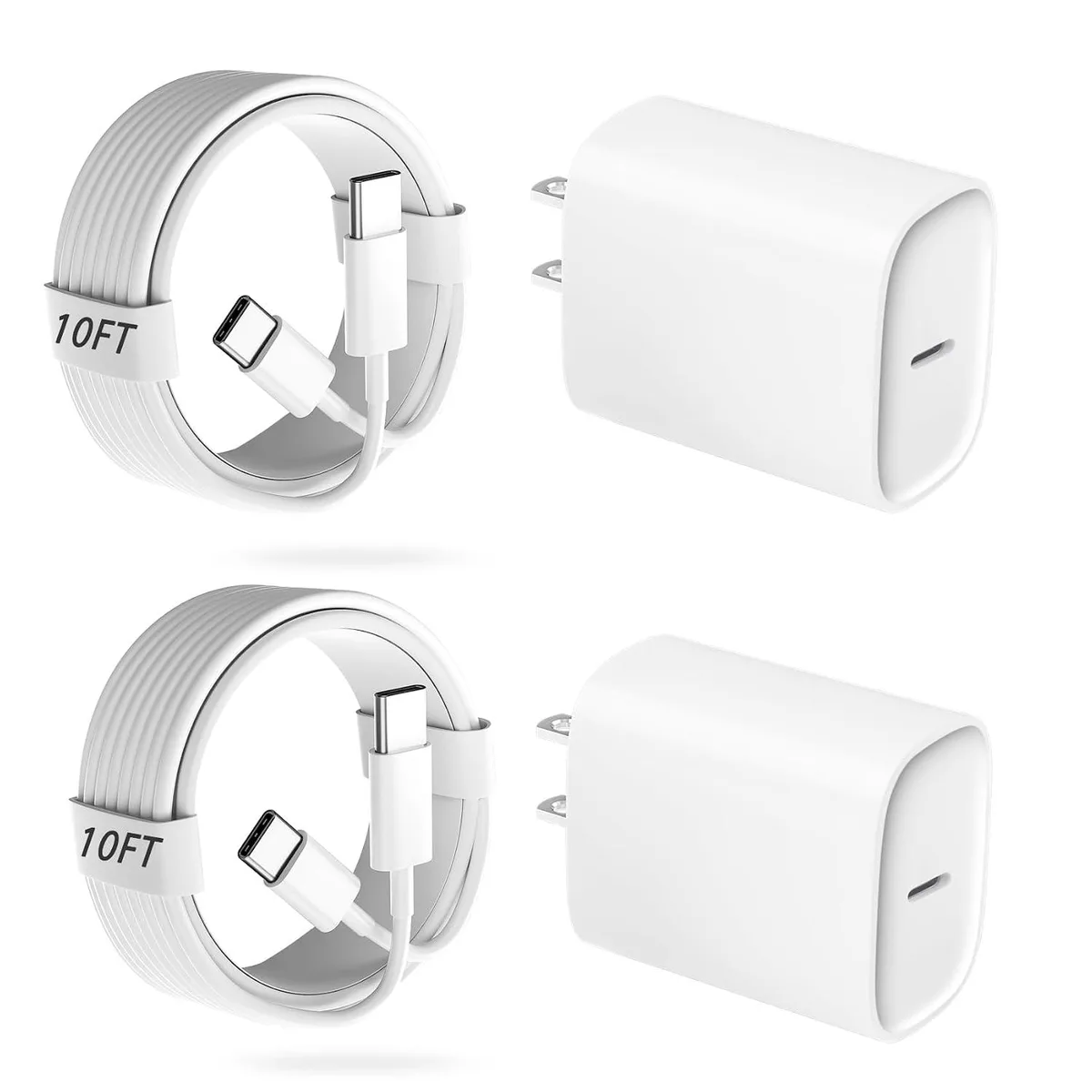 White USB-C wall charger block with attached 10ft cable