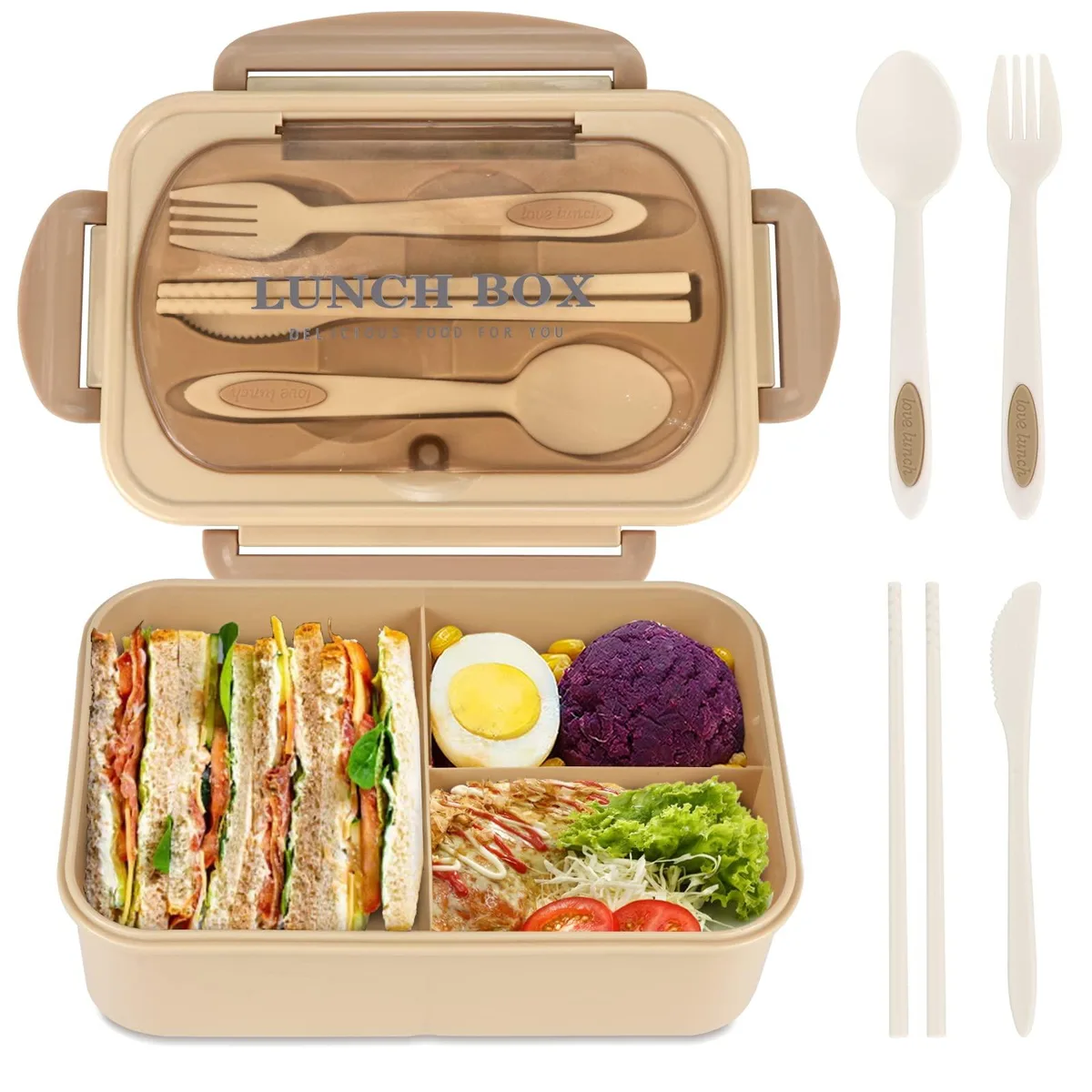 Khaki plastic bento box with three compartments and utensil set