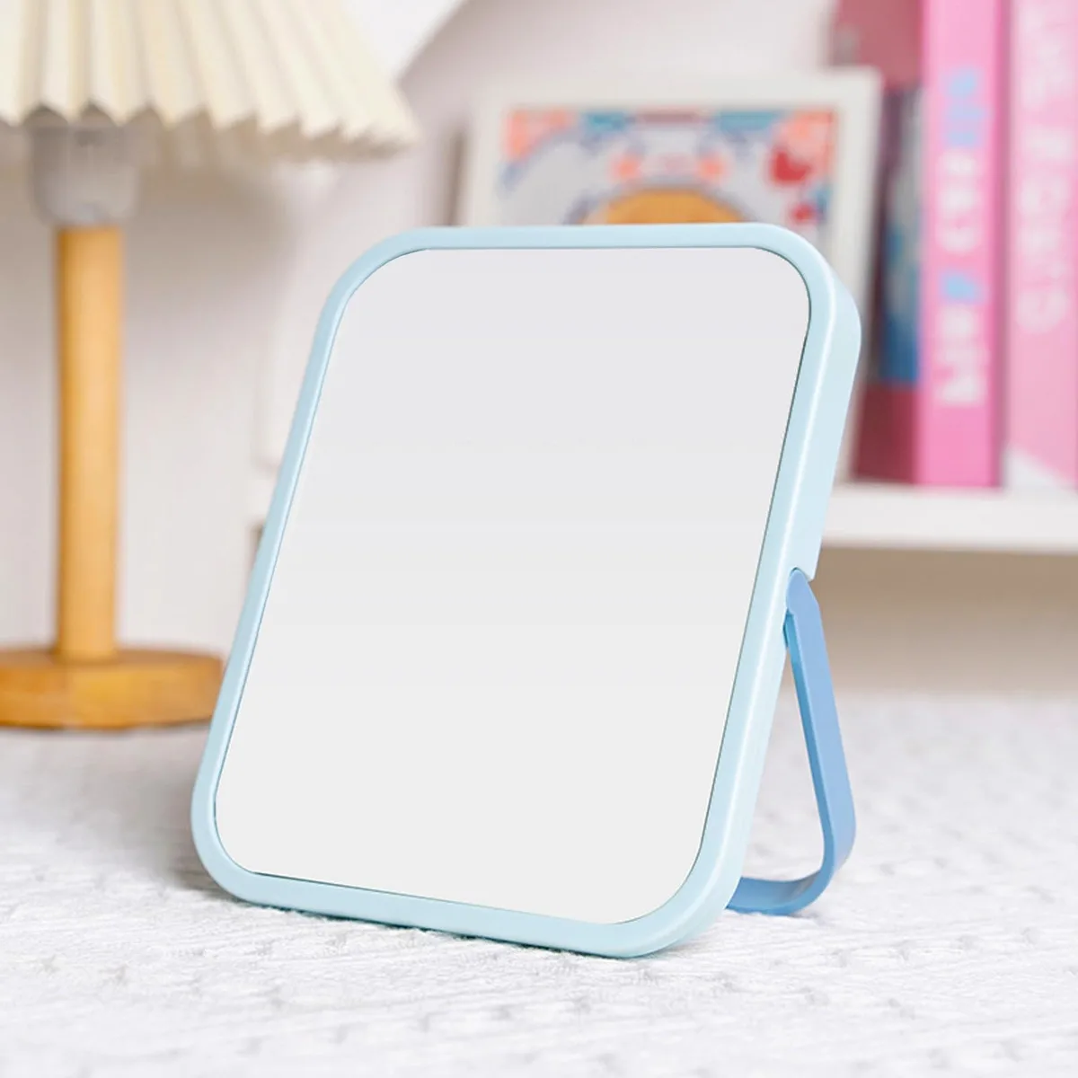 Small square green ABS vanity mirror on U-shaped stand, 6.7 inch glass