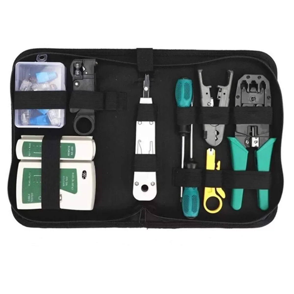 Black 11-in-1 network tool kit in zippered bag with green crimper, tester, stripper and connectors