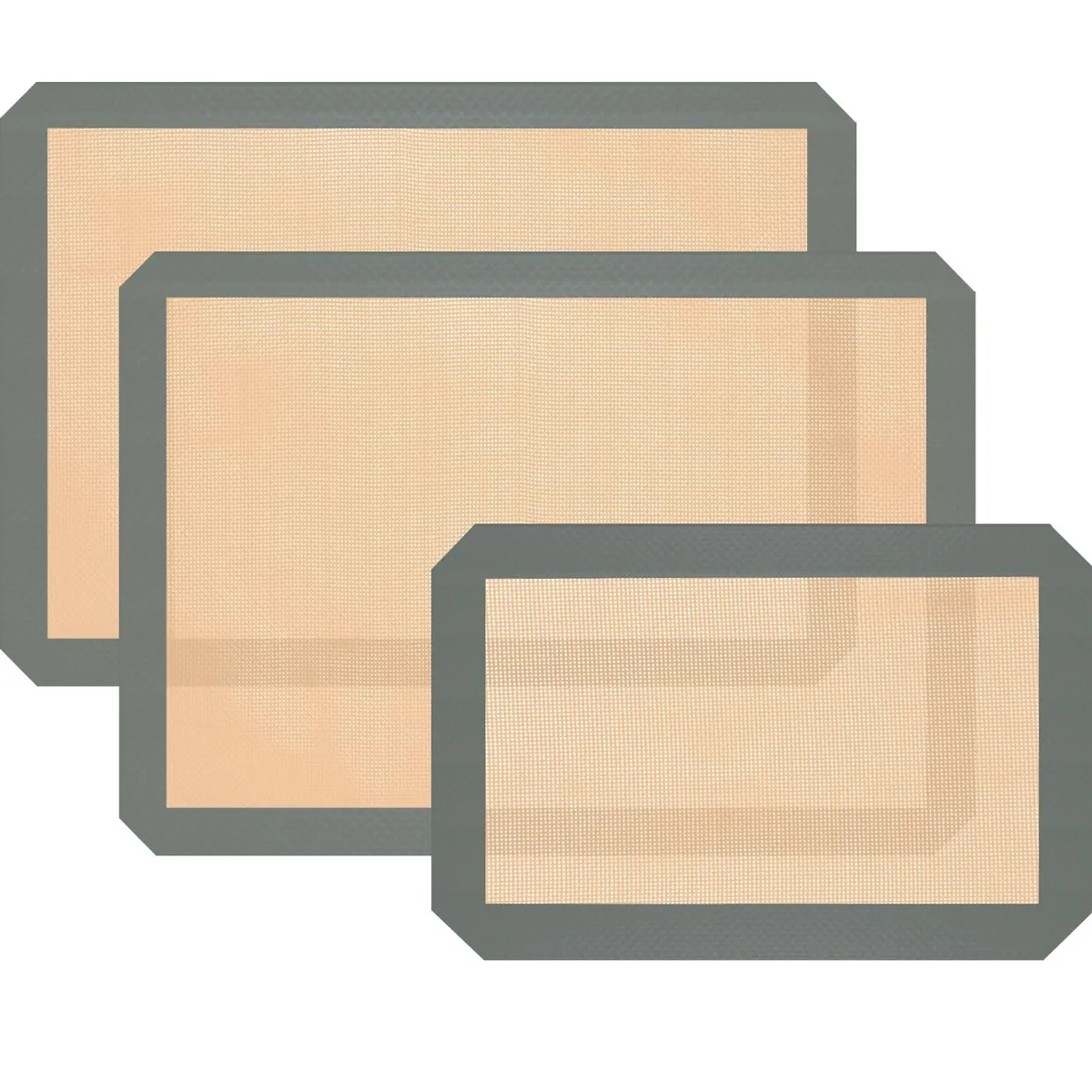 Three grey silicone baking mats, two large and one small, stacked flat