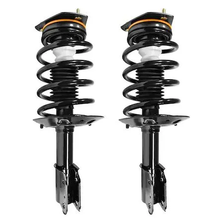 Pair of silver front strut assemblies with coil springs and top mounts