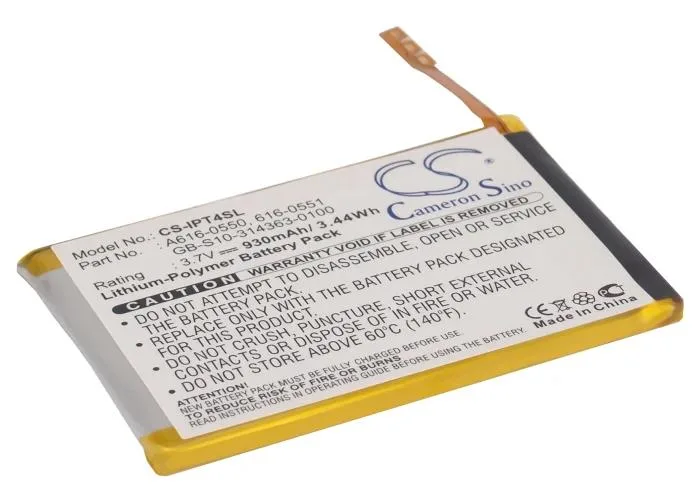 Small rectangular lithium-ion battery, silver-grey finish, thin flat profile with connector ribbon
