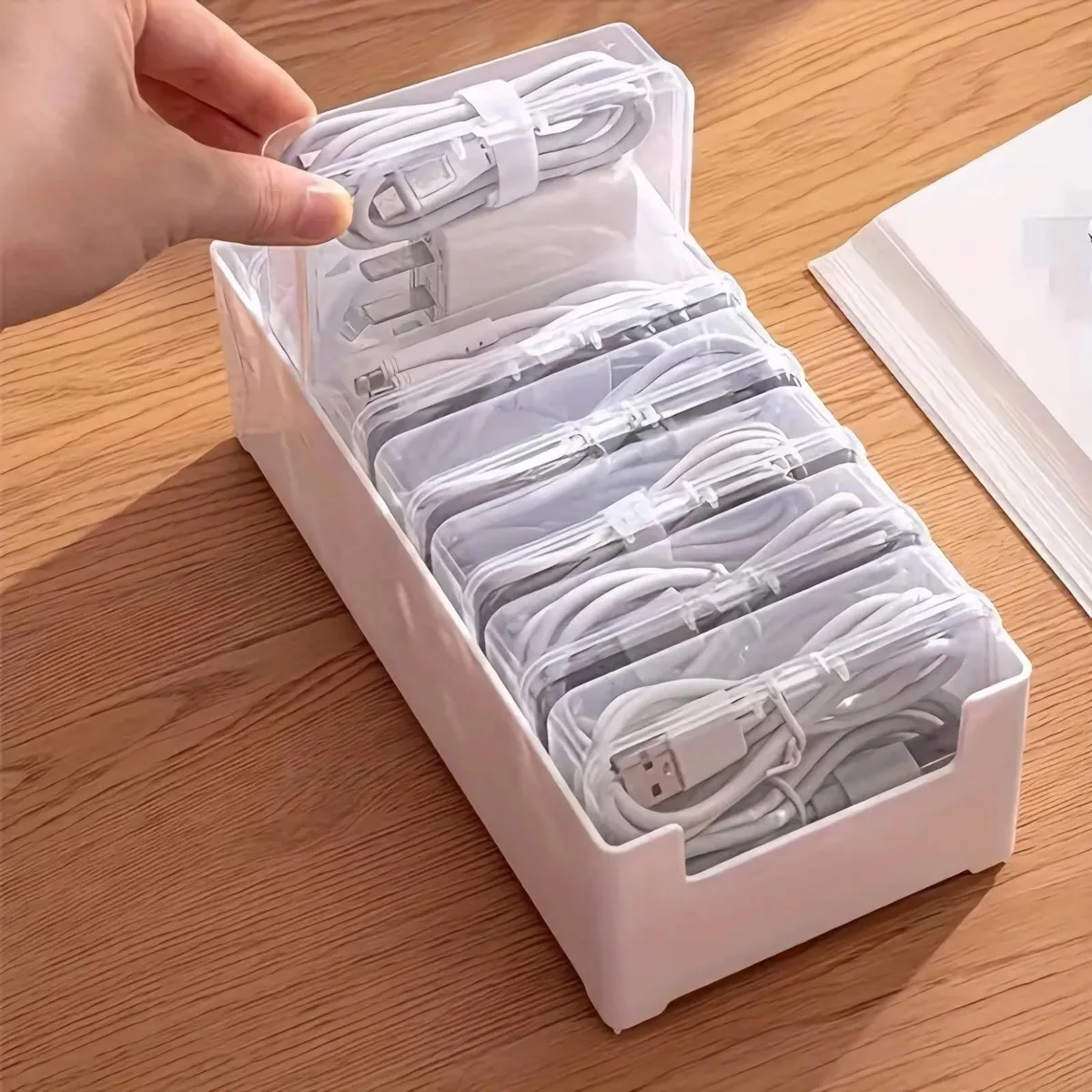 Clear plastic rectangular cable organiser box with lid, 20 by 10 by 6 cm