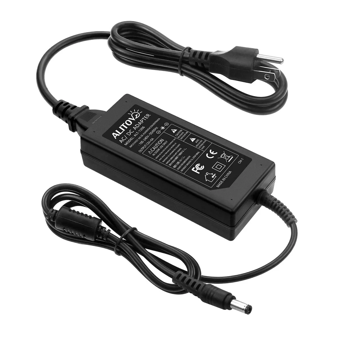 Black rectangular Dell ALT-1206 power adapter with barrel connector and detachable AC cord