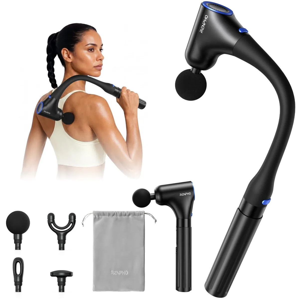 Black curved massage gun with detachable extension handle and four attachment heads