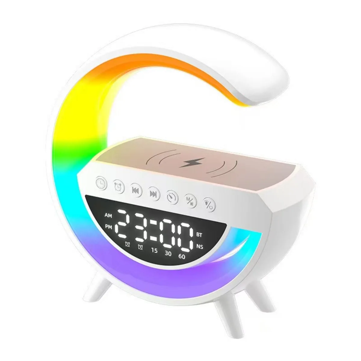 Compact G-shaped desk lamp with polished finish, digital display, speaker grille and wireless charging pad