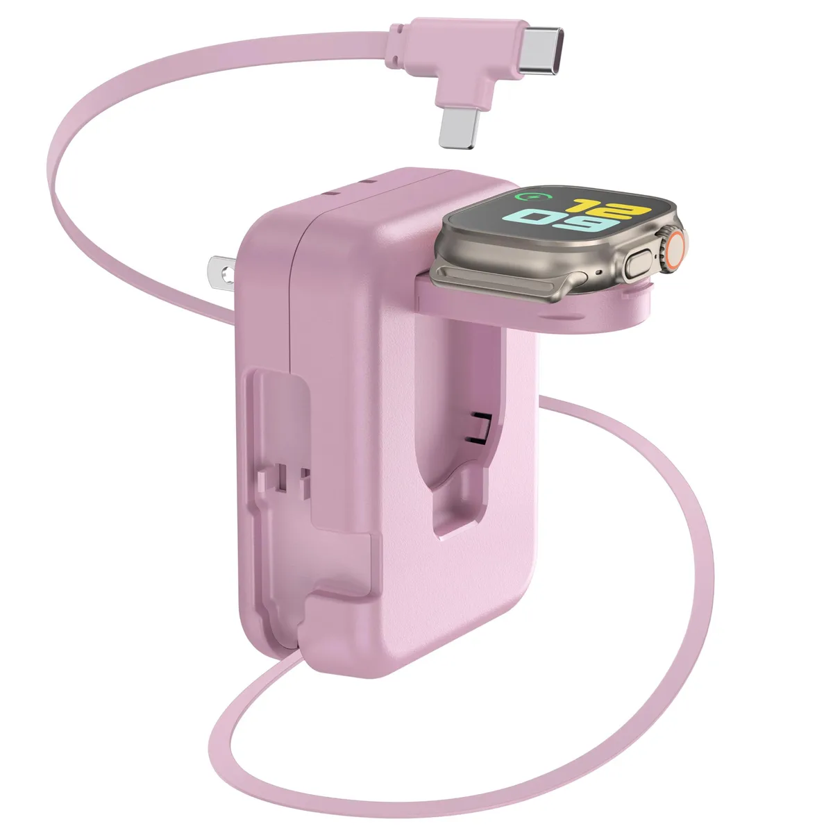 Pink rectangular wall charger with foldable plug and three retractable cables extending from the front