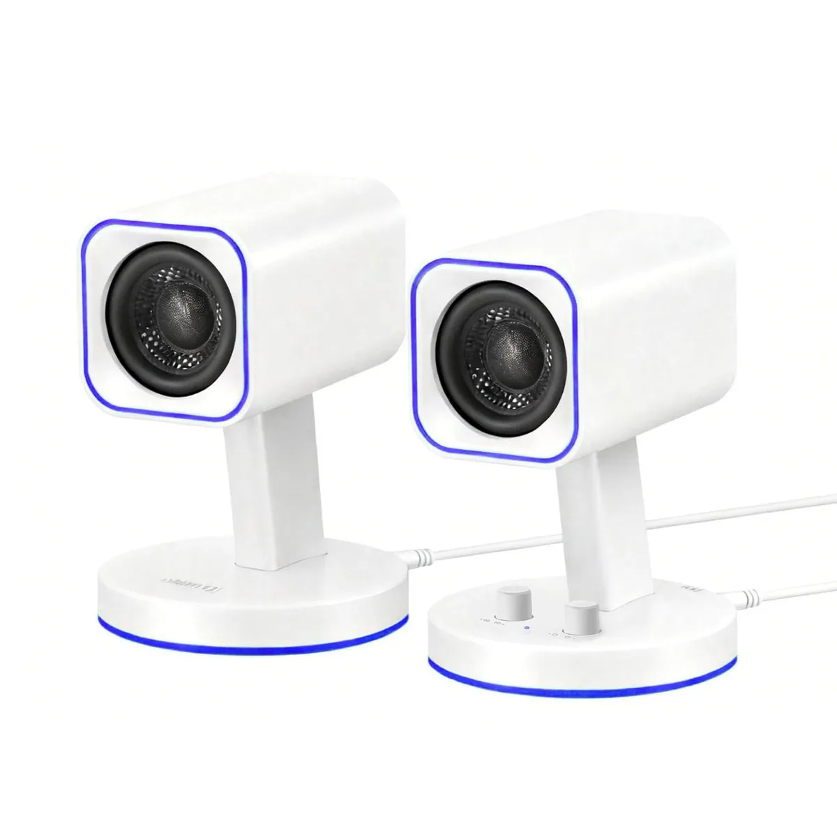 Two compact white rectangular speakers with front knobs and RGB lighting