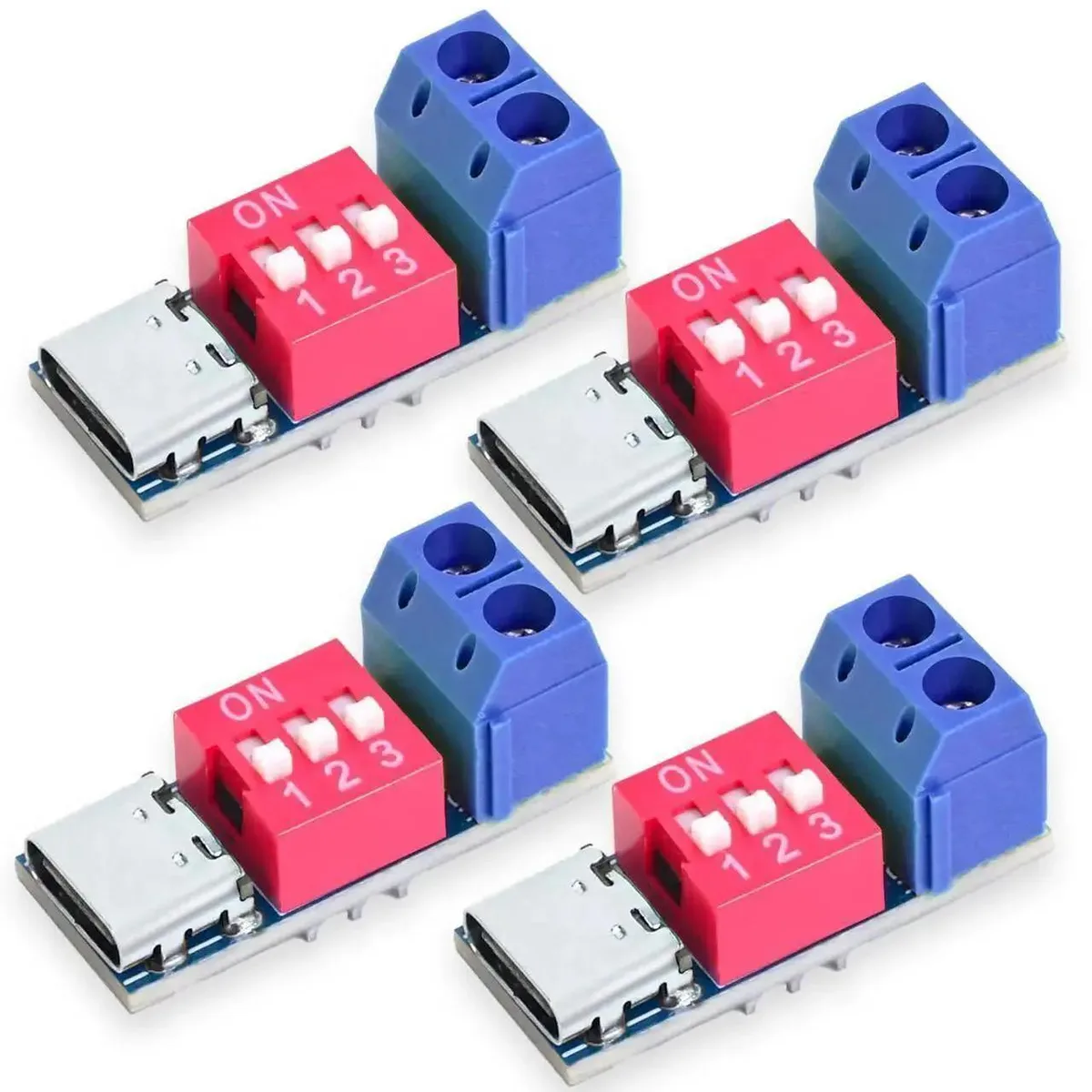 Four small green circuit boards with USB-C connectors and solder pads