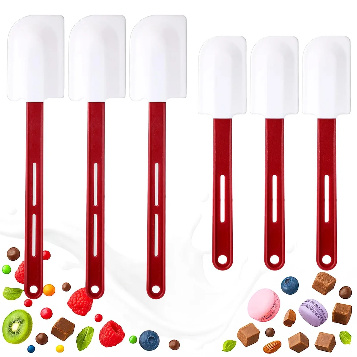 Six silicone spatulas in two lengths, flexible oval heads on long handles with hanging holes