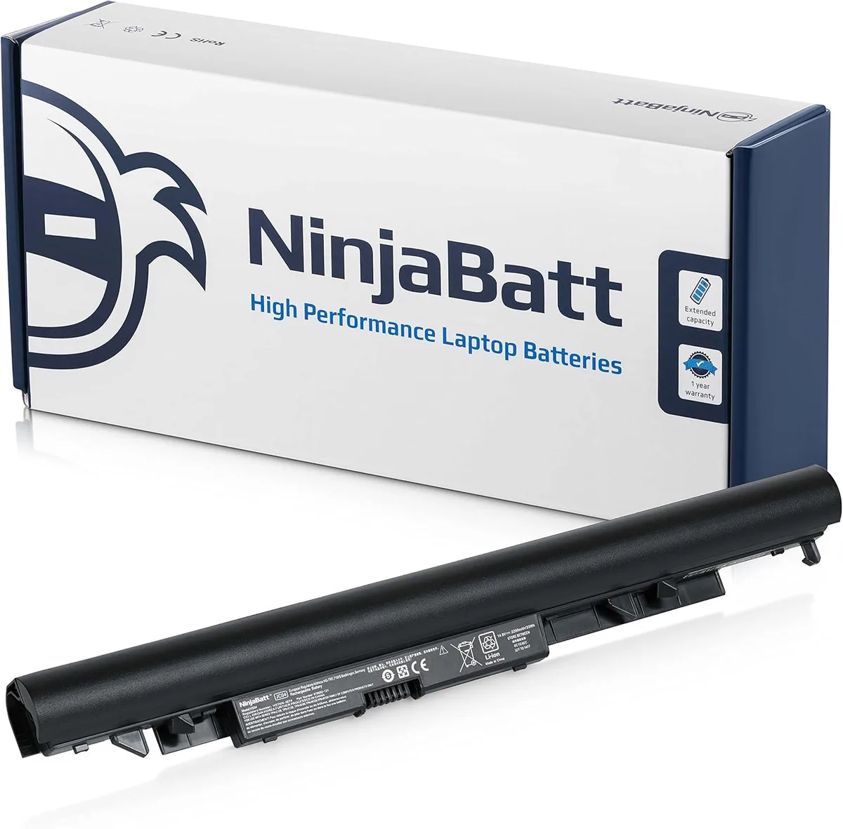 Rectangular black laptop battery with four cells and label showing 2200mAh 14.8V